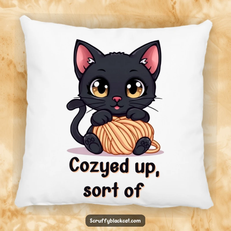 Funny Pillow: A black cat with wide, curious eyes tangled in a ball of yarn, offering plush, humorous comfort.