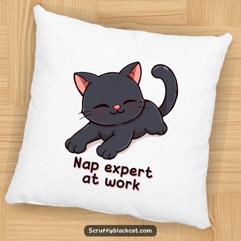 Funny happy black cat pillow showing a cat in a languid stretch with a contented smile, perfect for cozying up.