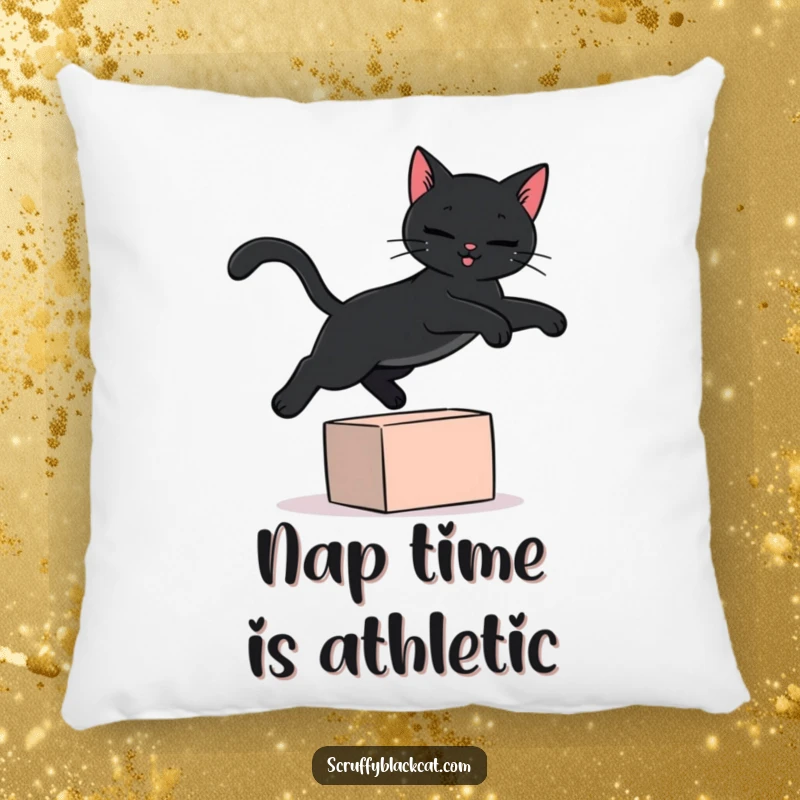 Funny black cat pillow featuring a cute black cat in a comical, exaggerated leap over a small, brightly colored toy, radiating fun.