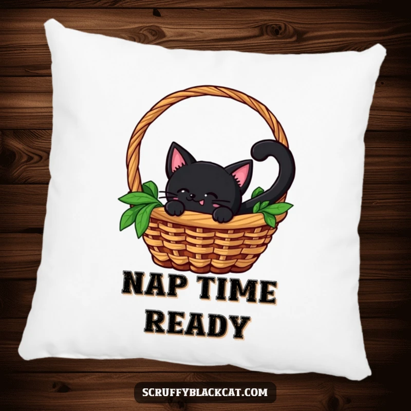 Funny pillow with a black cat peeking from a basket, its tail wagging slightly, conveying a sense of playful hiddenness and charm.
