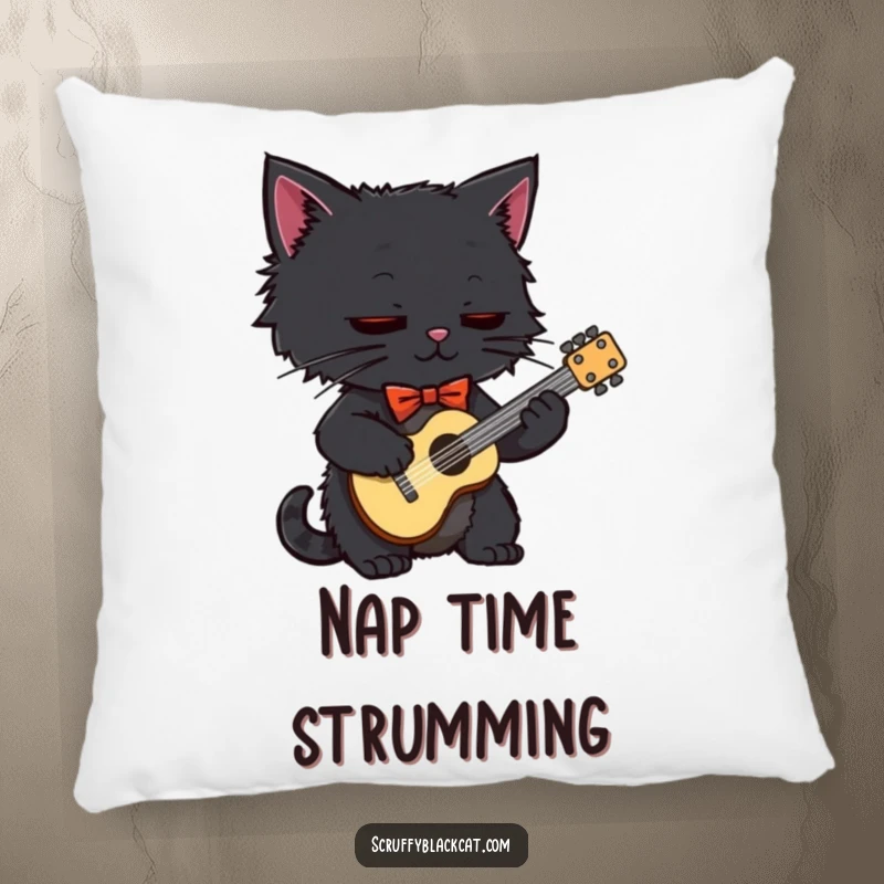 Funny black cat in a bow tie, skillfully playing a tiny guitar, printed on a comfortable, decorative pillow.