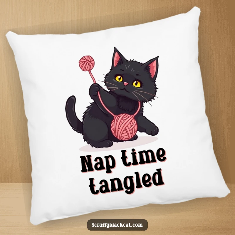 Funny Pillow: Scruffy black cat playfully batting at a dangling yarn ball, a soft and humorous decorative cushion.