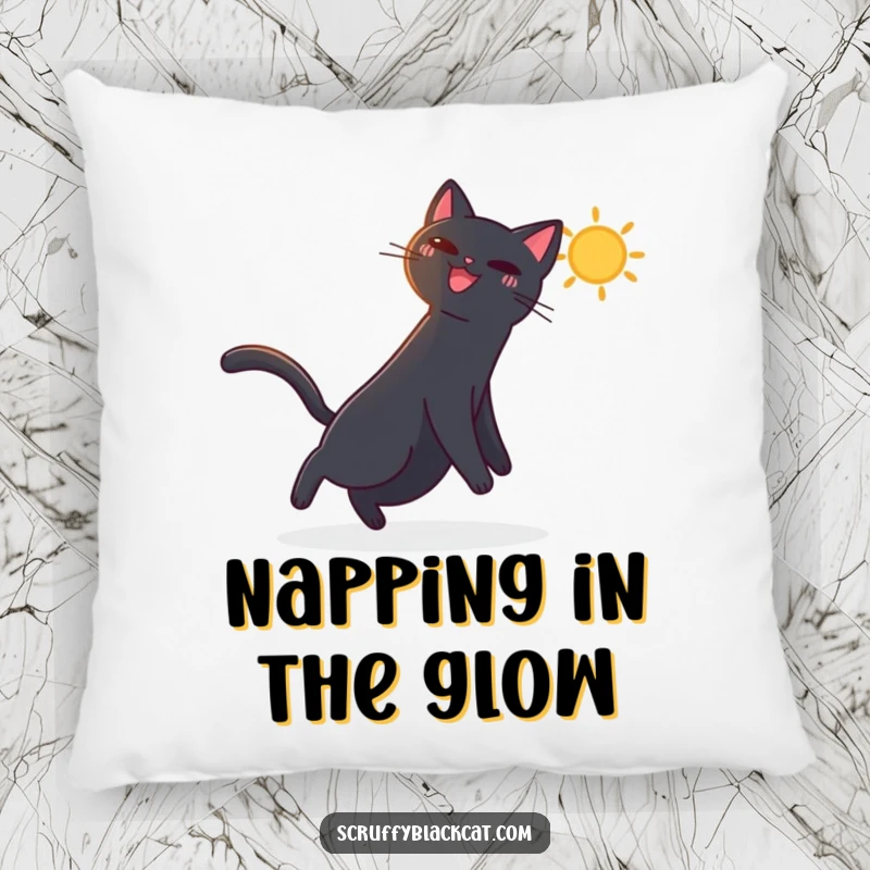 Funny pillow with a black cat energetically chasing a bright, dancing sunbeam, embodying pure happiness and fun.