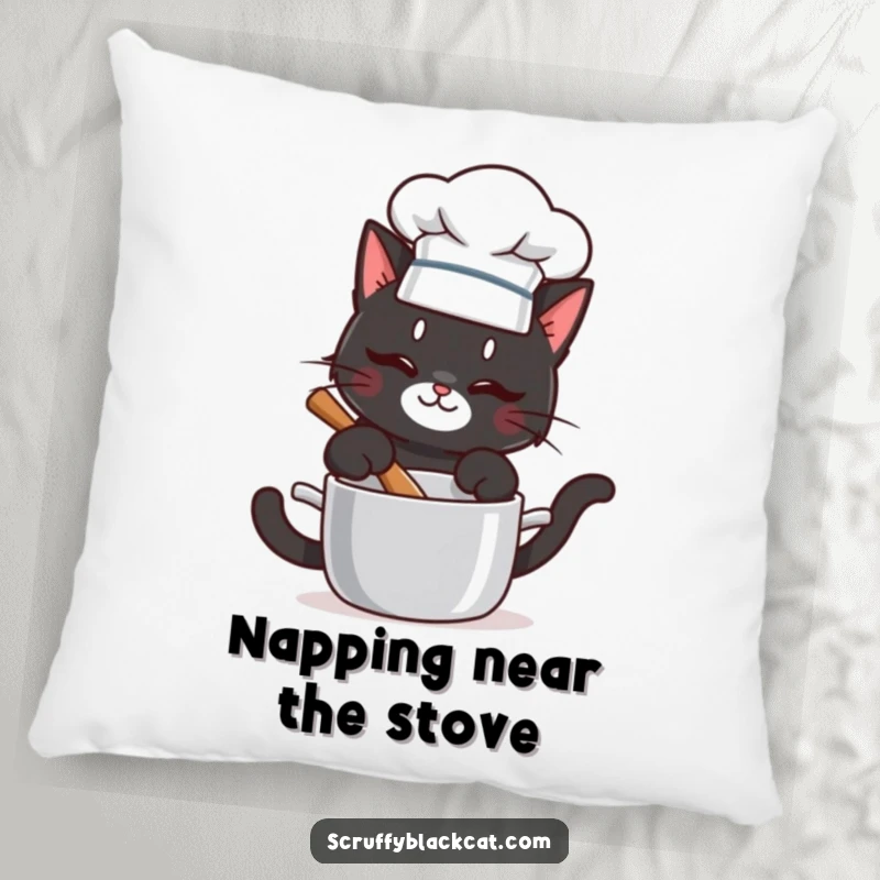 Funny pillow featuring a mischievous chef cat stirring a pot, offering cozy comfort and humorous kitchen vibes.