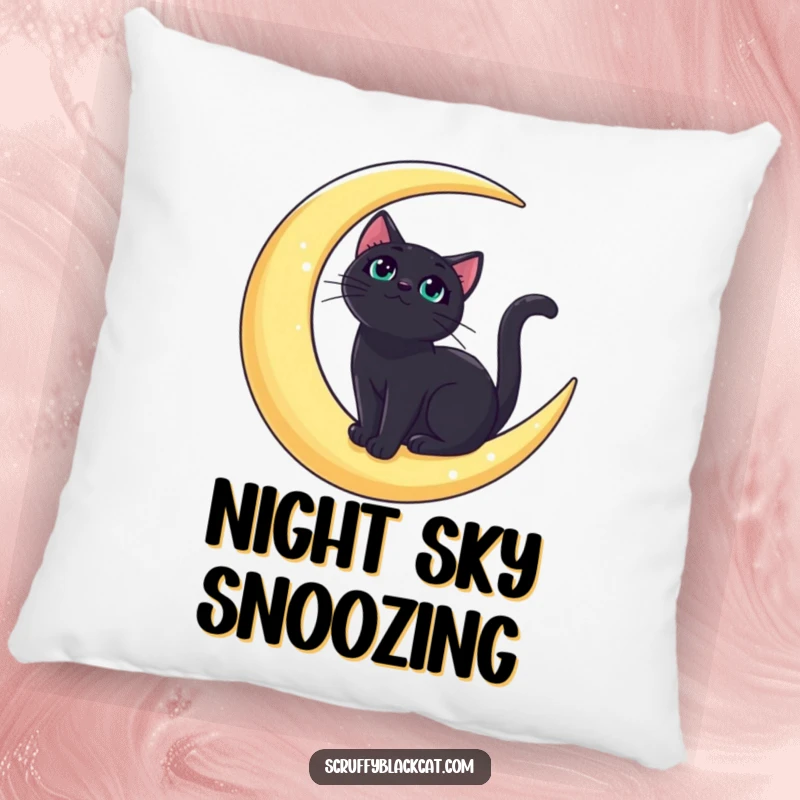 Funny bold black cat pillow with a regal feline on a crescent moon, gazing upwards, perfect for cozy nights.