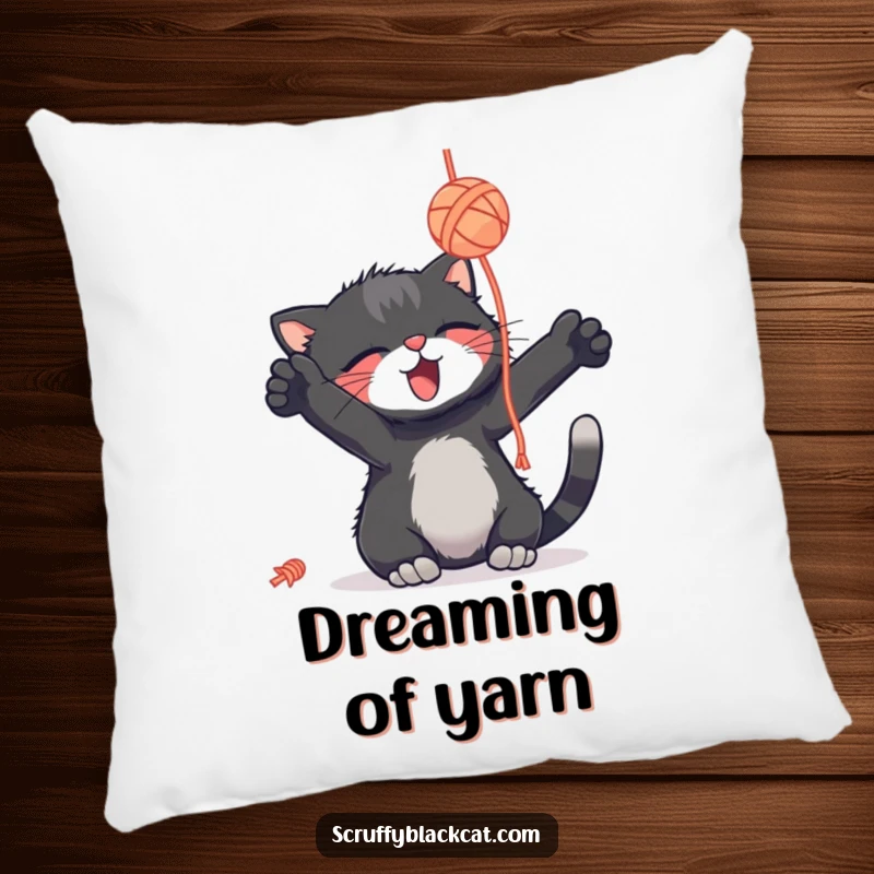 Funny scruffy black cat pillow, batting a yarn ball with delight, soft and decorative, a funny gift.