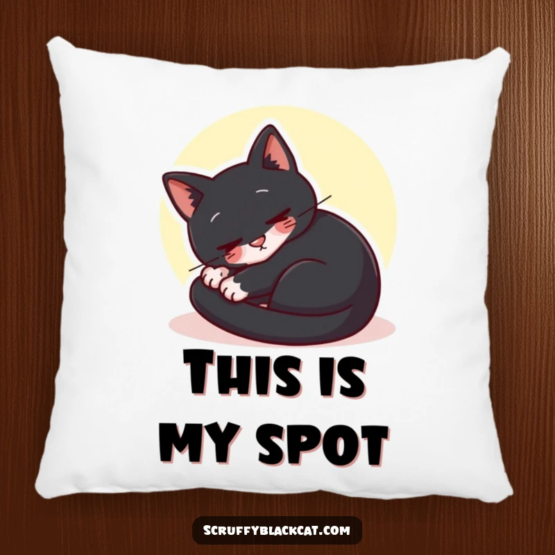 Funny black cat pillow featuring a cat curled up purring contentedly in a sunbeam, offering comfort and humor.