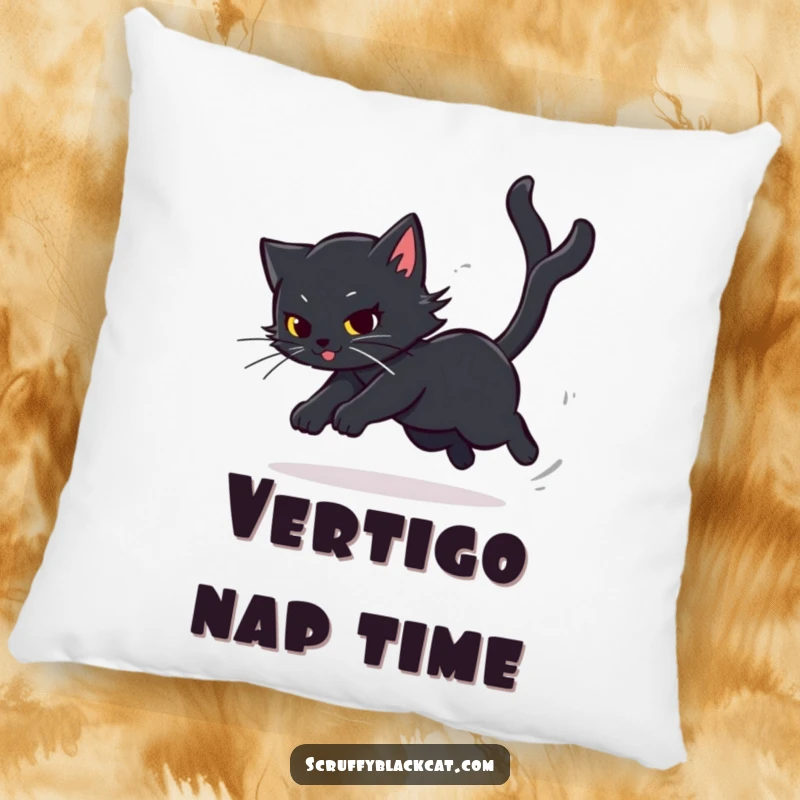 Funny Cat Pillow featuring a black cat in a dizzying tail-chasing spin, offering comfort and humorous feline charm, a great funny gift.
