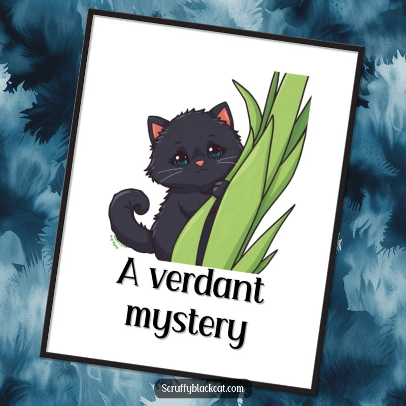 Funny Digital Art Print: A fluffy black cat with a curled tail peeking out from behind a tall plant, showcasing shy curiosity.