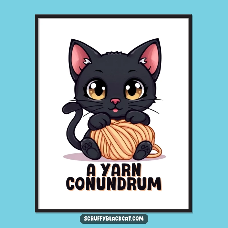 Funny Tangled Cat Digital Print: Curious Black Cat in Yarn, Instant Funny Art