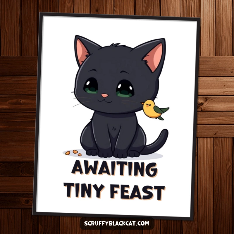 Funny Cat Focus Digital Art Print of a curious black cat intently watching birdseed, full of playful intrigue, a great funny gift.