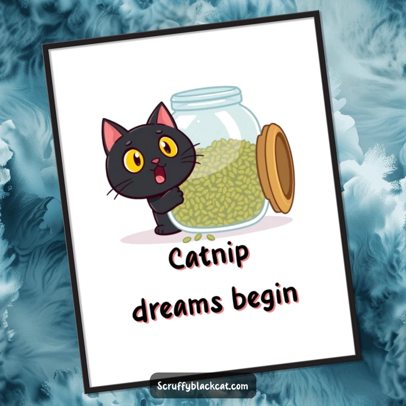 Funny black cat digital art print, surprised expression opening catnip jar, pure feline joy, instant download funny decor.