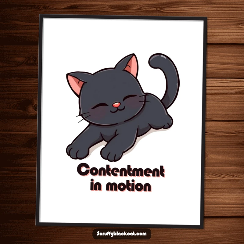Funny happy black cat digital art print of a cat stretching with a contented smile, offering instant joyful decor.