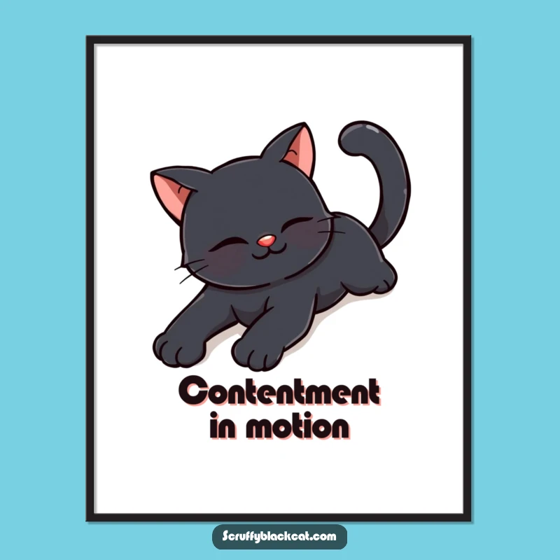 Funny Happy Black Cat Stretching Digital Art: Instant Joyful Decor