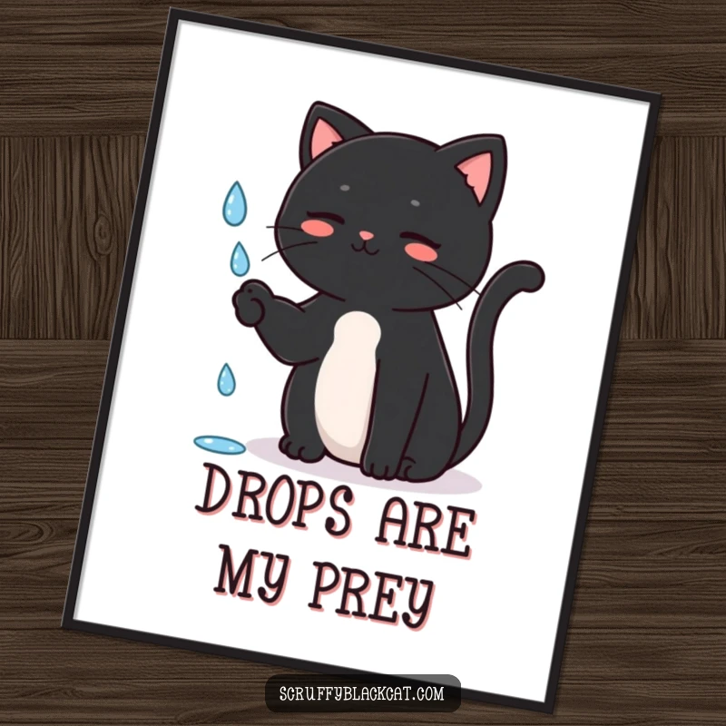 Funny Cat Rain Digital Art Print of a black cat playfully batting at a raindrop, charming and whimsical, a great funny gift.