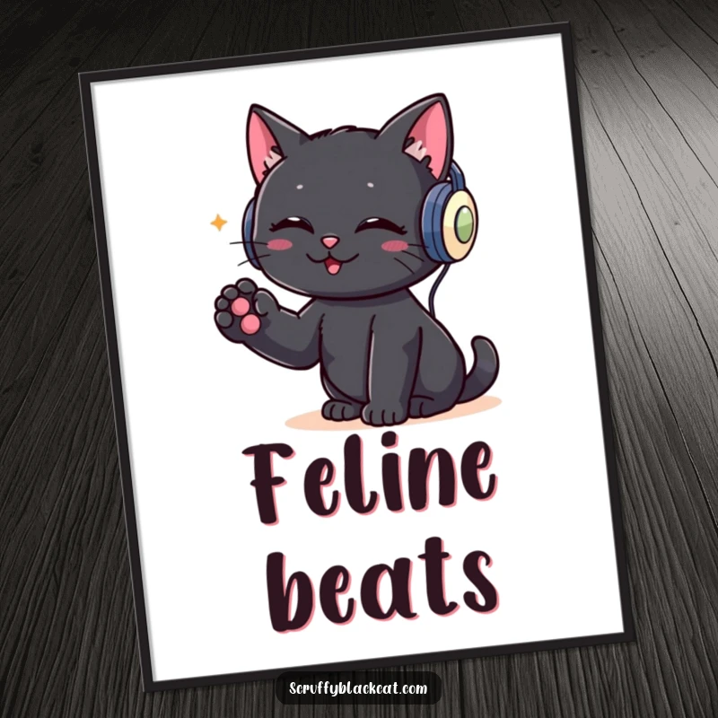 Funny digital art print of a black cat wearing headphones and rhythmically tapping its paw, exuding a cool, musical vibe.