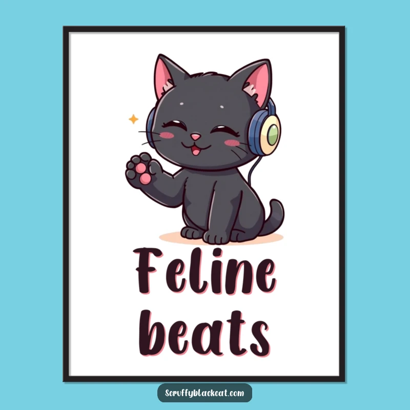 Funny DJ Cat Digital Art: Black Cat Headphones, Instant Music Gift