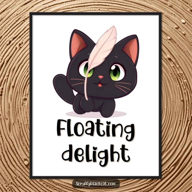 Funny cat digital art print featuring a black cat with wide, amazed eyes watching a floating feather, emphasizing wonder.