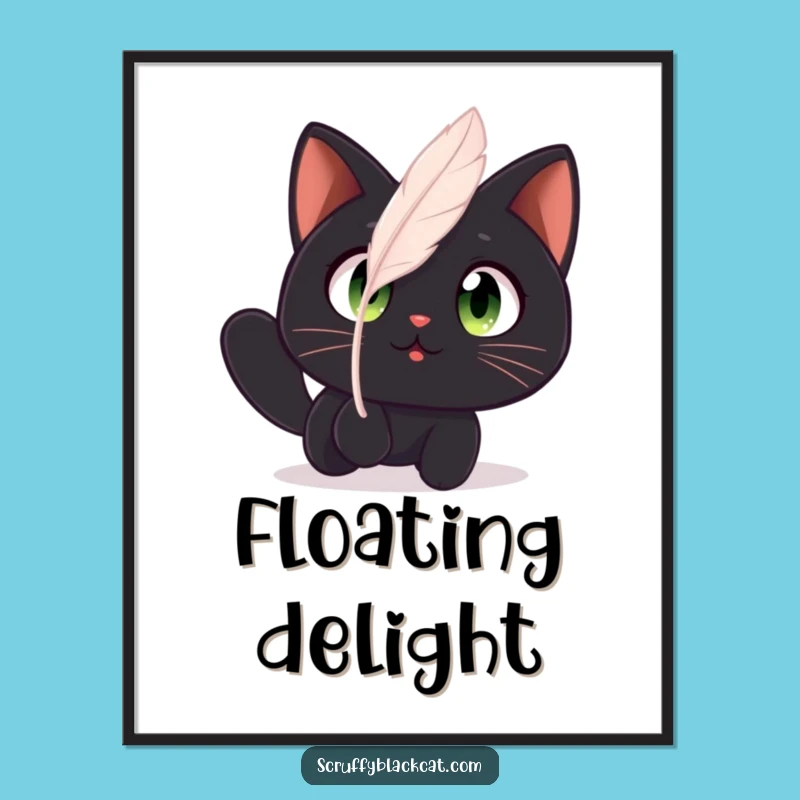 Funny Cat Feather Wonder Digital Art: Amazed Black Cat, Instant Funny Gift Download