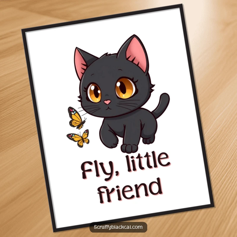 Funny black cat with wide, curious eyes joyfully chasing a butterfly, as a delightful digital art print.
