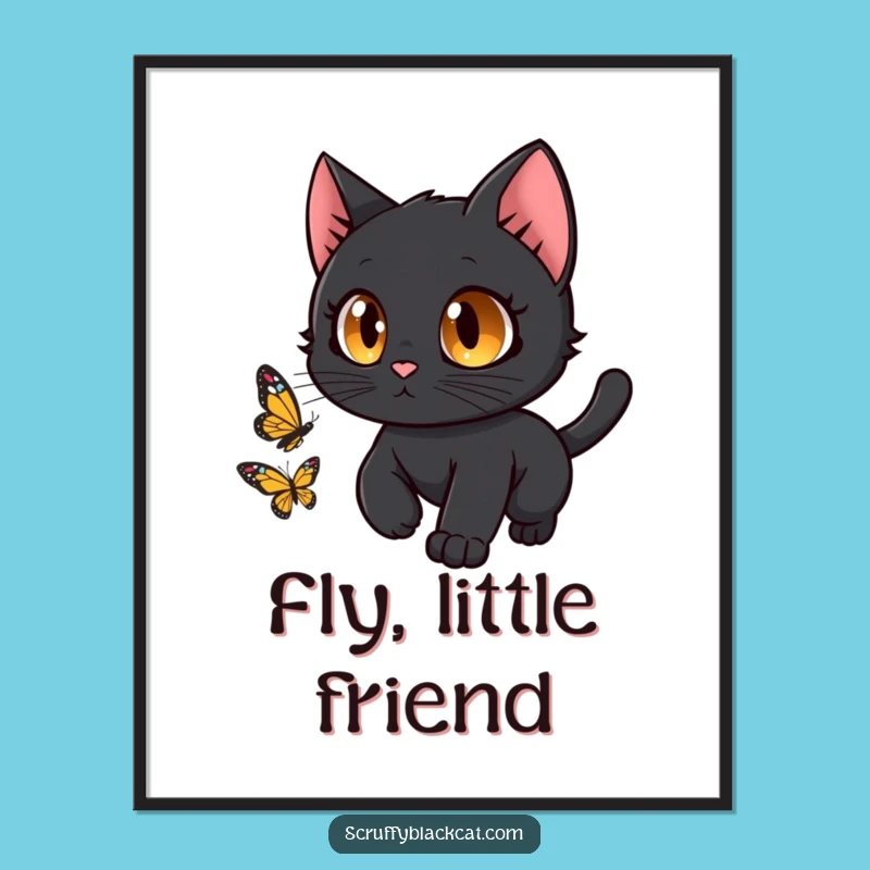 Funny Black Cat Butterfly Chase Digital Art: Instant Joy for Your Walls!