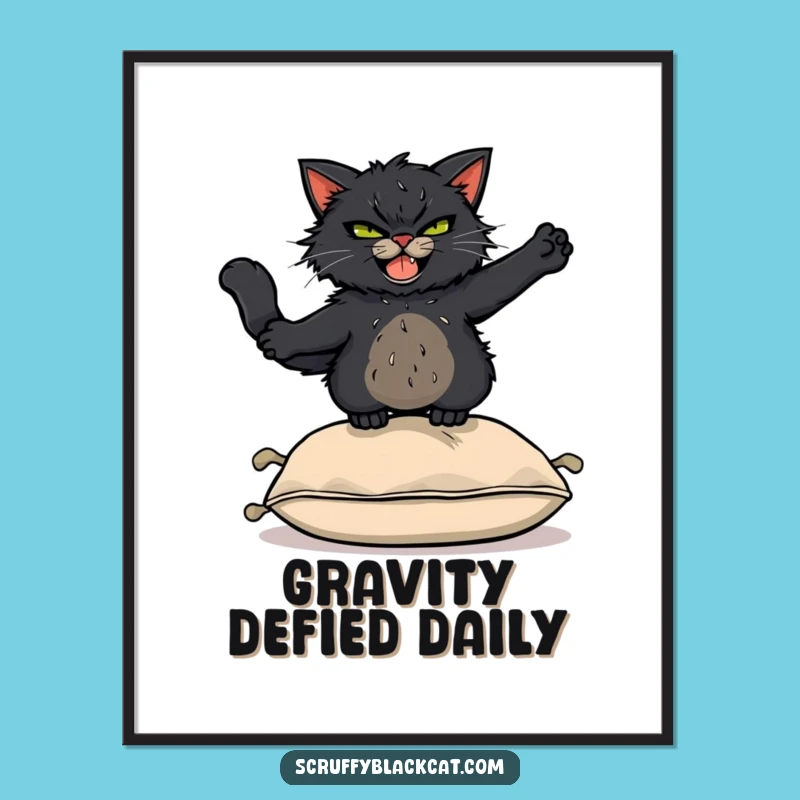Funny Acrobat Cat Digital Print: Scruffy Black Cat Leaping Over Cushion, Instant Funny Art