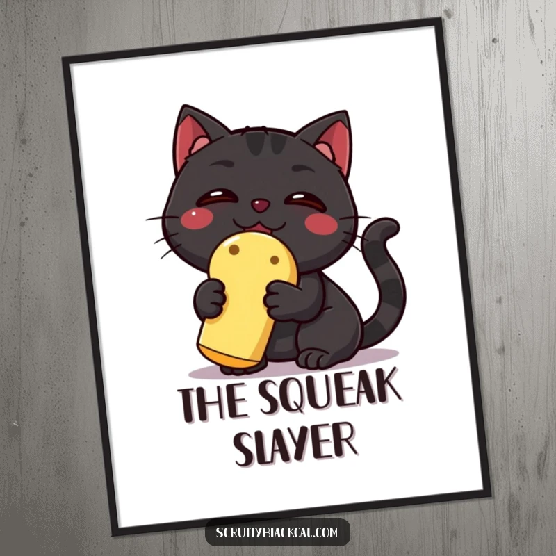 Funny Black Cat Digital Art Print: A triumphant black cat victoriously holds a squeaky toy, a hilarious piece of downloadable art.