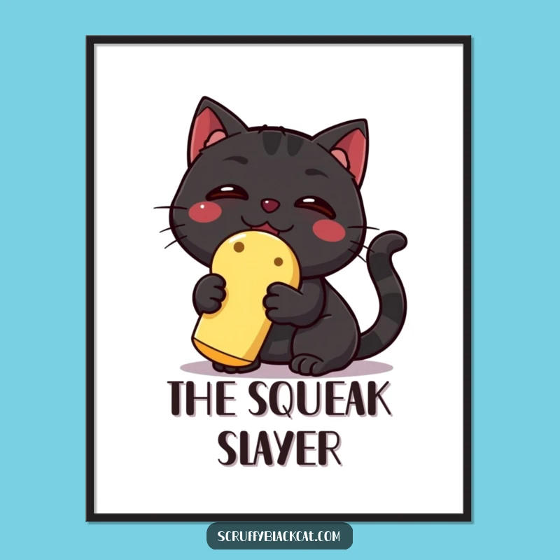 Funny Black Cat Digital Art Print: Hilarious Artwork of a Triumphant Cat with a Squeaky Toy