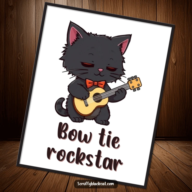Funny black cat in a bow tie, playing a small guitar, as a high-resolution digital art print for instant decor.