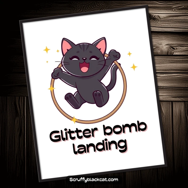 Funny Black Cat Digital Art Print: High-resolution artwork of a mischievous cat executing a sparkly hoop jump with a triumphant meow.