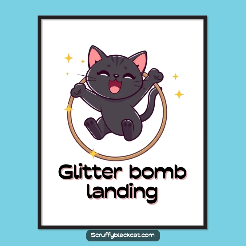 Funny Black Cat Hoop Jump Digital Print: Triumphant Meow Wall Art