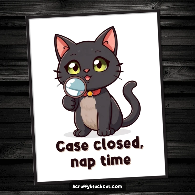 Funny black cat digital art print, holding a magnifying glass, looking up with playful intensity, ideal for framing and instant humorous decor, a great gift.