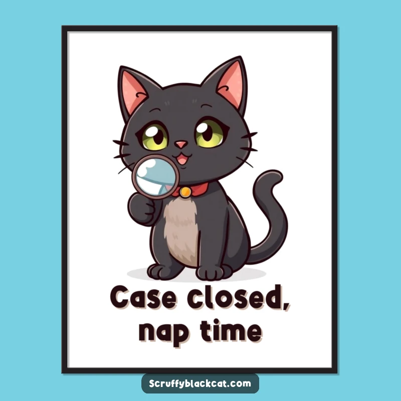 Funny Black Cat Investigator Digital Art - Sherlock Meow Print, Instant Gift!