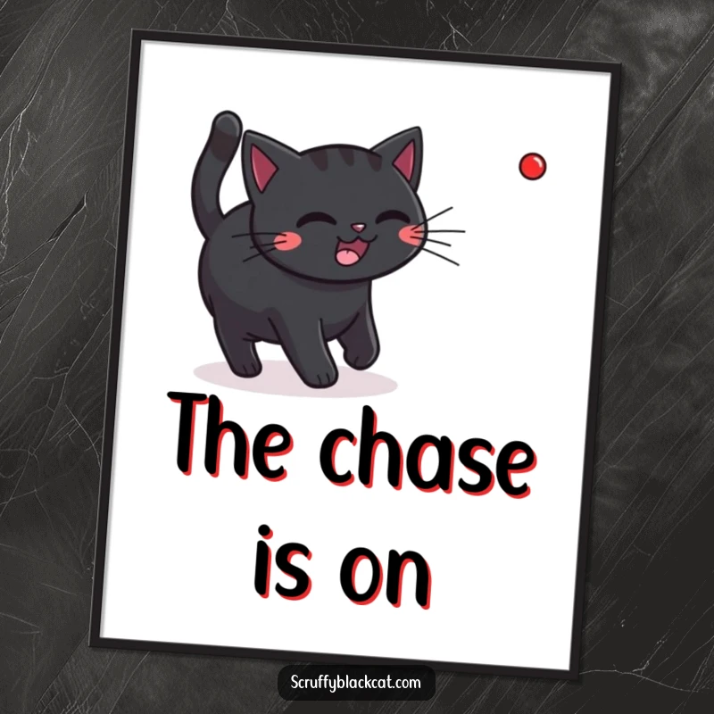 Funny black cat in high-action, chasing a red laser dot, as a high-resolution digital art print.