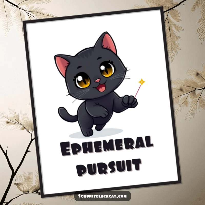 Funny Black Cat Digital Art Print: A black cat's wide, delighted eyes are captivated by a red laser dot, a humorous illustration.