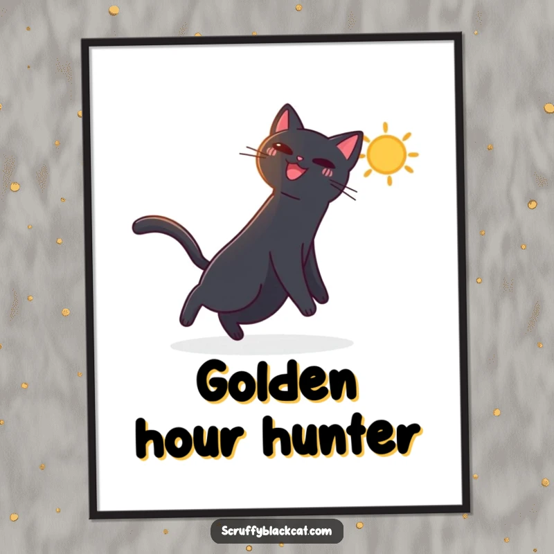 Funny digital art print of a black cat joyfully playing with a bright, dancing sunbeam, ready to print and frame.