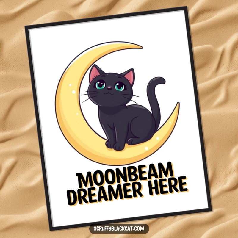 Funny bold black cat digital art print of a regal cat on a crescent moon, looking upwards, offering instant cosmic decor.