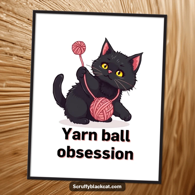 Funny Digital Art Print: Scruffy black cat playfully batting at a dangling yarn ball, instant downloadable humorous art.