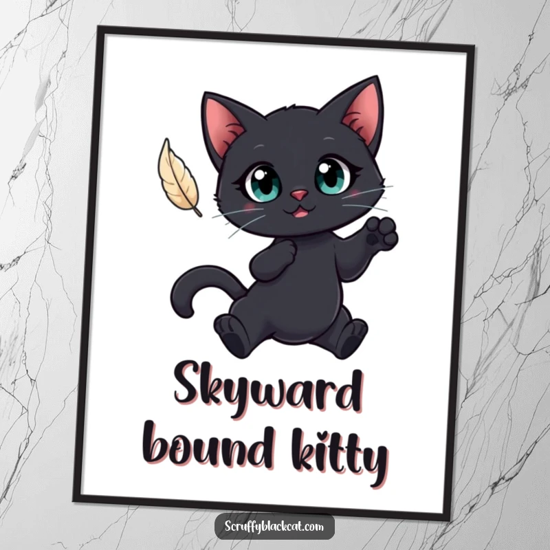 Funny digital art print of a black cat with big eyes leaping for a feather, a humorous and focused decoration.
