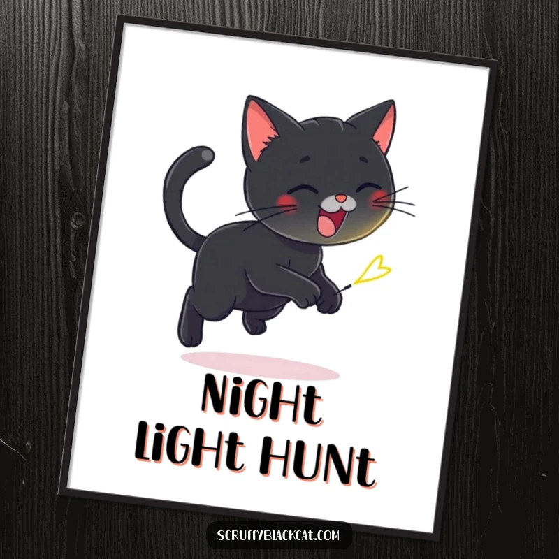Funny digital art print of a playful black cat chasing a tiny, flickering firefly, perfect for instant download and whimsical decor.