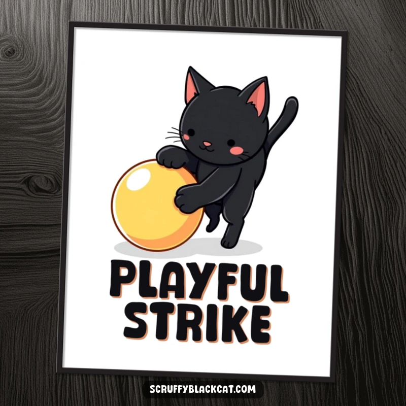 Funny cat digital art print featuring a black cat in a playful pounce over a bouncy ball, full of energy.