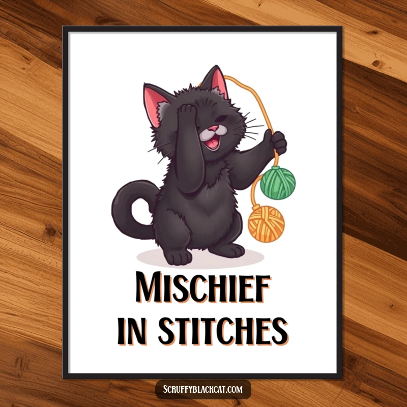 Funny digital art print of a scruffy black cat batting at a yarn ball, a humorous and playful decoration.