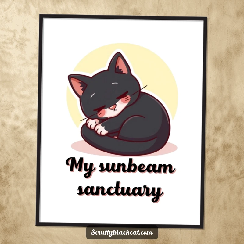 Funny black cat digital art print of a cat curled up purring contentedly in a sunbeam, capturing peaceful feline bliss.