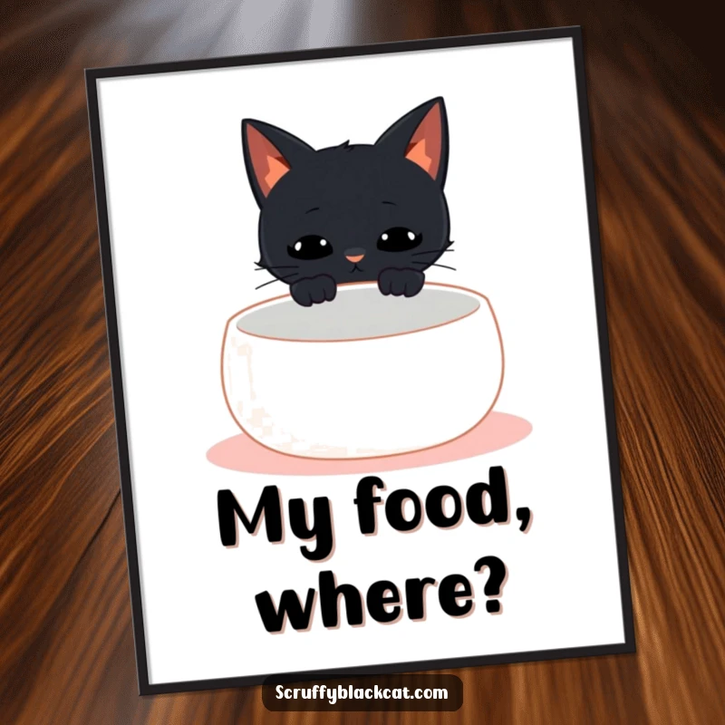 Funny black cat digital art print of a cat meowing at an empty food bowl, capturing humorous feline hunger.