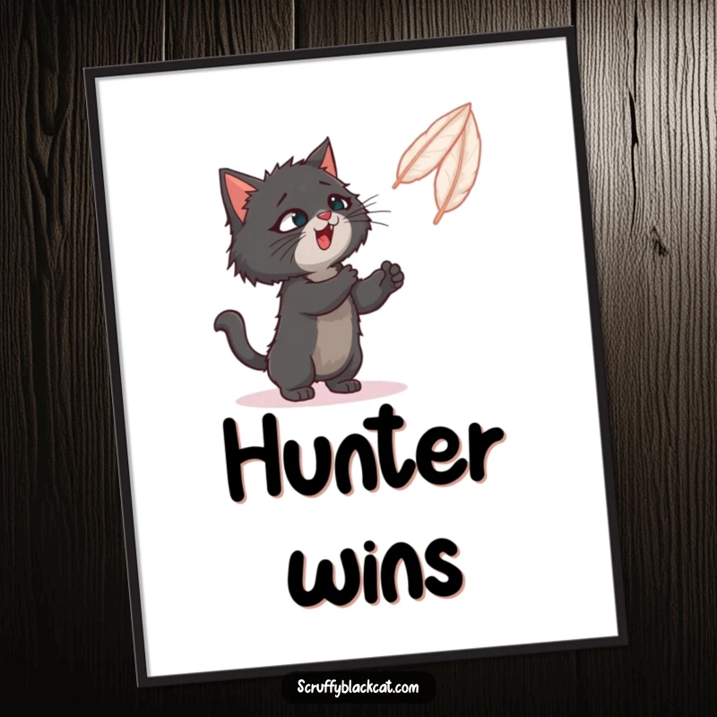 Funny digital art print of a scruffy black cat intensely focused on playfully swatting a bouncing feather toy.