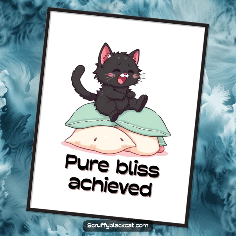 Funny black kitten digital art print, capturing the moment it joyfully leaps onto a pile of soft, inviting pillows.