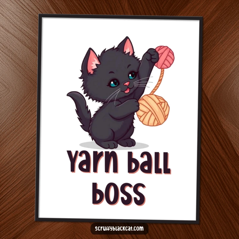 Funny kitten digital art print of a scruffy black kitten batting at a dangling yarn ball, a humorous and adorable piece.