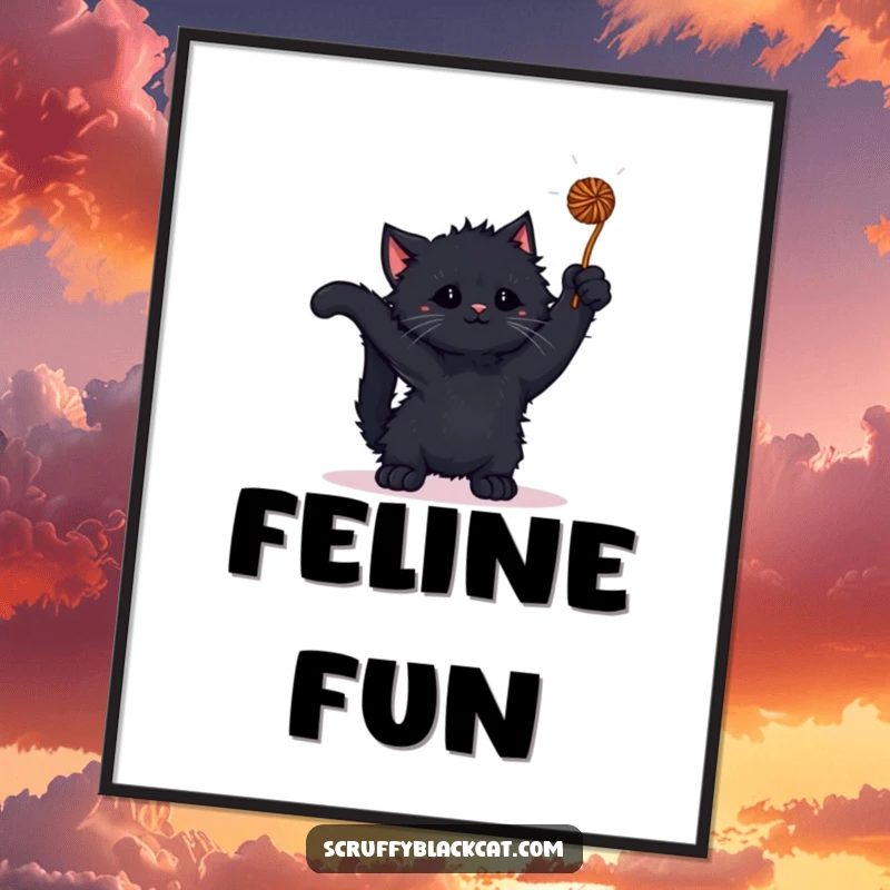 Funny kitten digital art print showing a scruffy black kitten playfully batting at a yarn ball, full of energy.