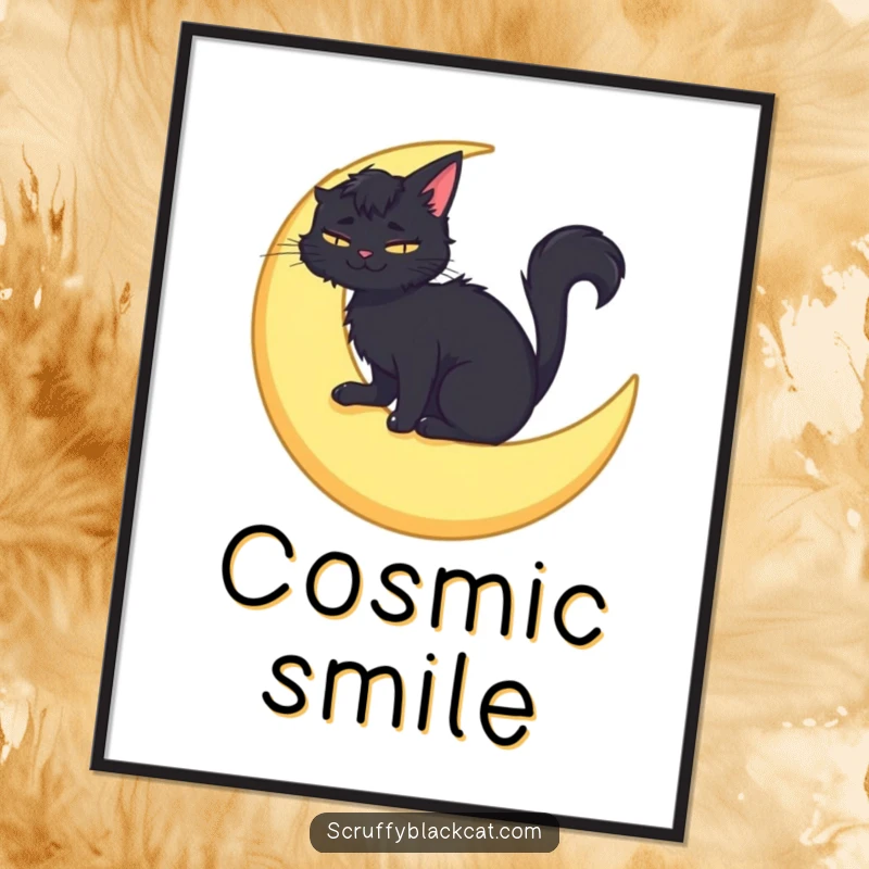 Funny digital art print of a scruffy black cat sitting on a crescent moon, smiling peacefully, embodying celestial calm.