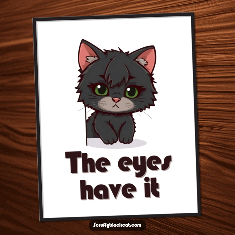 Funny scruffy black cat digital art print, peeking with an askew ear, conveying playful curiosity, instant download funny decor.